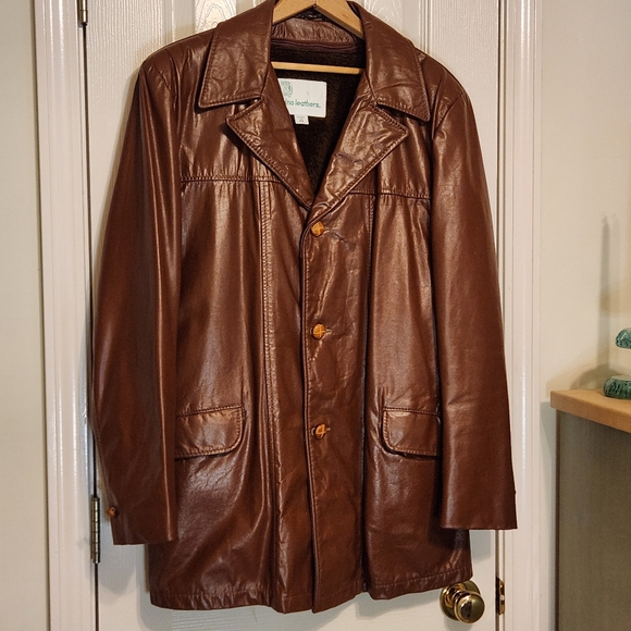 Vintage 70s Gino Leathers Brown Jacket Sport Coat Blazer Faux Fur Liner Size 42
